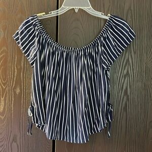 Divided capped sleeved navy/ white striped top. Size 12.